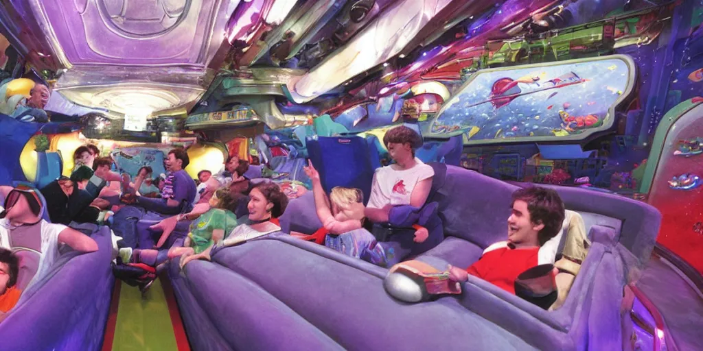 Prompt: 1990s photo of inside the Space Sofa ride at Universal Studios in Orlando, Florida, riding the flying sofa through space , cinematic, UHD