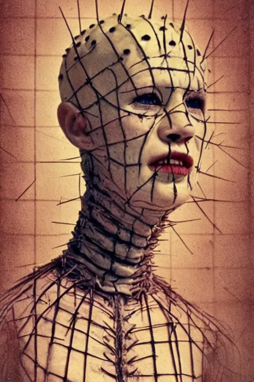 Prompt: vintage analog portrait of a female pinhead from the movie hellraiser, very attractive and beautiful, warm tones, depth of field, color bleed, heavy film grain
