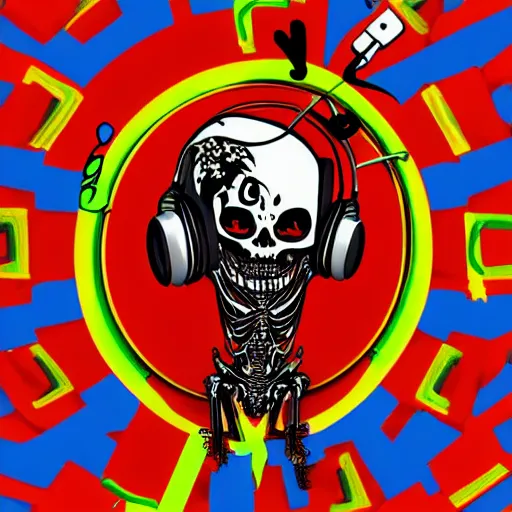 Image similar to svg sticker of a Dancing-Zombie-Skeleton, at a rave, spinning records, giant headphones rocking out, wearing headphones, huge speakers, dancing, rave, DJ, spinning records, digital art, amazing composition, rule-of-thirds, award-winning, trending on artstation, featured on deviantart