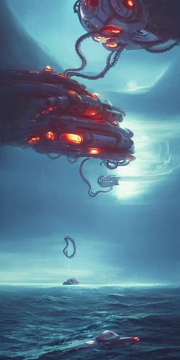 Prompt: robotic mechanical octopus shaped spaceship crashing into the sea, scifi concept art, by john harris, by simon stalenhag, stunning, award winning