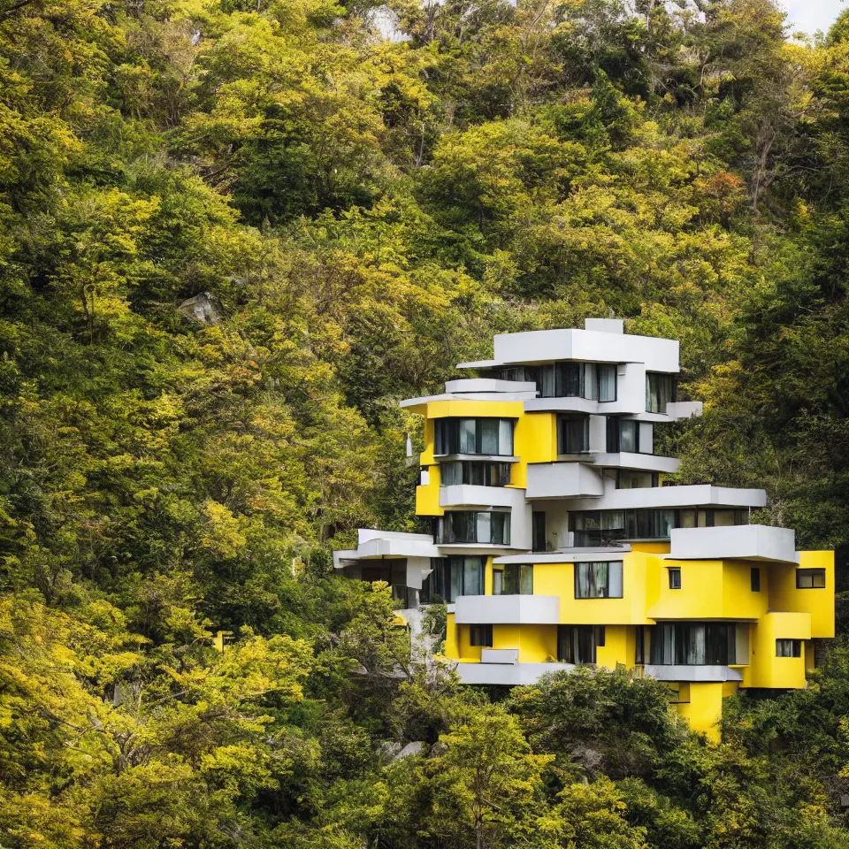 Image similar to a mid-century modern house on top of a cliff, designed by Frank Gehry. Big tiles. Small wooden pathway . Film grain, cinematic, yellow hue