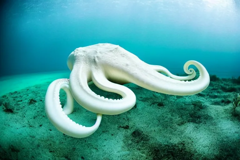 Prompt: underwater photography of a gigantic white octopus walking at the shore of the beach