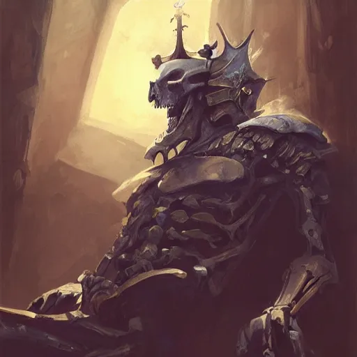 Image similar to Skeleton King, knight, resting on his throne, oil painting, by Fernanda Suarez and Greg Rutkowski