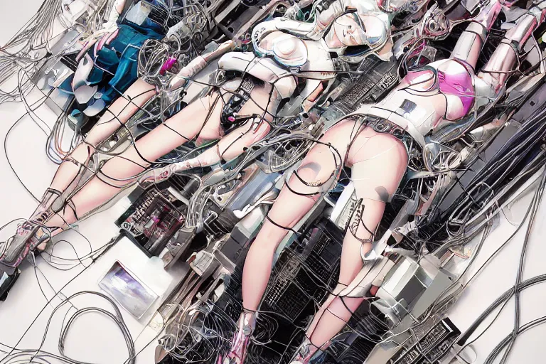 Prompt: a finely composed cyberpunk illustration of a group of female androids in style of hajime sorayama, lying on an abstract, empty, white floor with their body parts scattered around and cables and wires coming out, by katsuhiro otomo and masamune shirow, hyper-detailed, intricate, colorful, view from above, wide angle, close up, beautiful