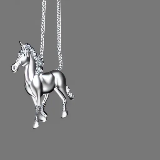 Image similar to a cute silver unicorn necklace pendant, 3 d rendering, elegant, noble, stylish