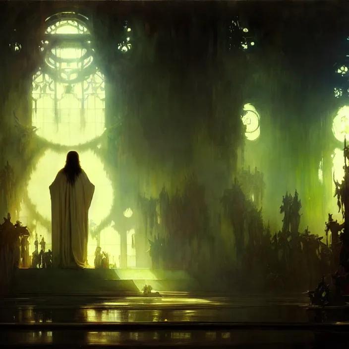 Image similar to the second coming of jesus christ, intricate concept art, ethereal, ominous, dramatic lighting, Ruan Jia and Jeremy Mann and Alphonse Mucha