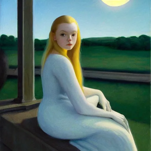 Prompt: Painting of Elle Fanning in the ringed city during the eclipse, long blonde hair, delicate, pale milky white porcelain skin, by Edward Hopper. 8K. Extremely detailed.