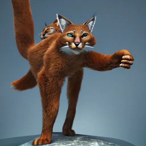 Prompt: cute caracal pointing his finger in the air. mythical organic biomechanical man. futuristic. blue blurry background. highly detailed, intricate steampunk ornate, poetic, 3 d render, digital art, octane render, 8 k artistic photography, photorealistic.