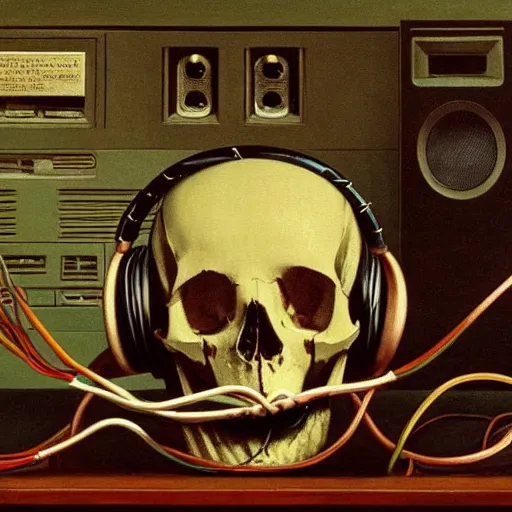 Prompt: a painting by Thomas Cole of a skull wearing headphones connected with many wires and coords to an old computer terminal, highly detailed