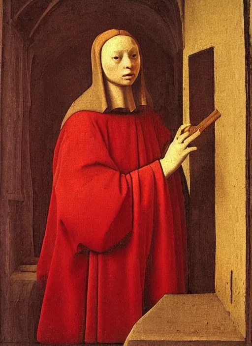 Image similar to red candle, medieval painting by jan van eyck, johannes vermeer, florence