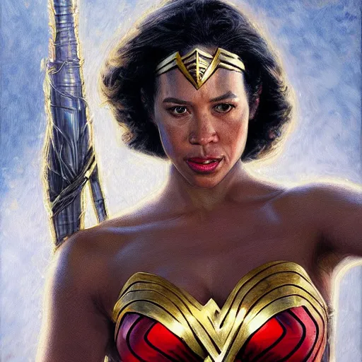 Prompt: Morgan Freeman dressed as Wonder Woman portrait art by Donato Giancola and Bayard Wu, digital art, trending on artstation, 4k