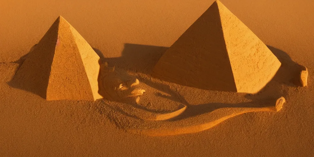 Prompt: A giant sand sculpture of an eagle head standing in the middle of a desert, next to a pyramid. Hyperrealistic photograph, golden hour