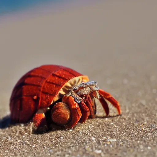 Image similar to Detailed 4k photo of a Hermit crab with a curly mustache on the beach, afternoon