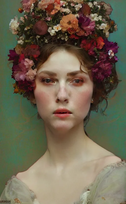 Prompt: a oil painting of a beautiful woman on a white background, flowers, painted by mucha, floral headdress, 8 k resolution, octane render, trending on artstation, volumetric light