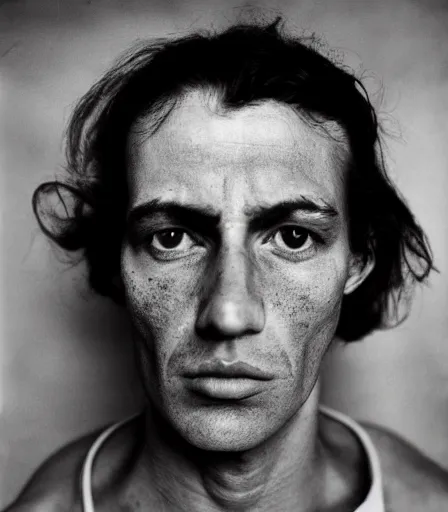 Image similar to a high quality, high detail, portrait of an attractive criminal by richard avedon, intense look in the eyes, moody, nostalgic