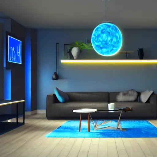 Prompt: futuristic looking living room, dark with blue neon lights, contrasted, tron style, octane render