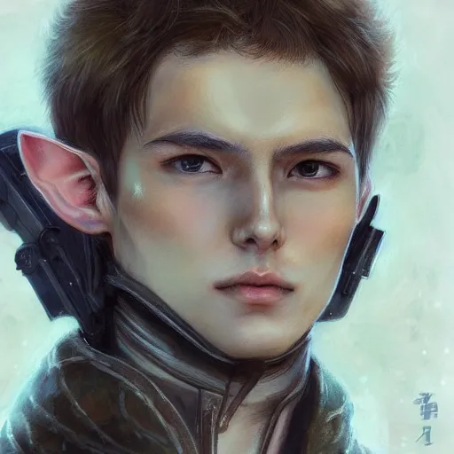 Image similar to portrait of an elf by ayami kojima, he is about 2 0 years old, russian, manly, short brown hair, slender and tall, friendly and smart, he is wearing a modern tactical gear, scifi, highly detailed portrait, digital painting, artstation, concept art, smooth, sharp foccus ilustration, artstation hq