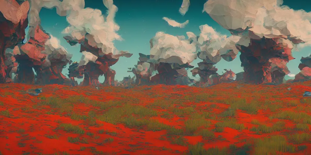 Image similar to abstract 3d landscape painting at noon by james jean and David Schnell painted in no mans sky style, redshift, octane