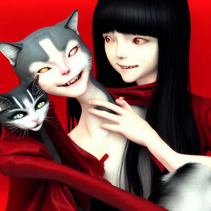 Image similar to renaissance portrait of the secretive vampire girl loner smiling at her cat, by katsuhiro otomo, yoshitaka amano, nico tanigawa, and artgerm rendered with 3 d effect.