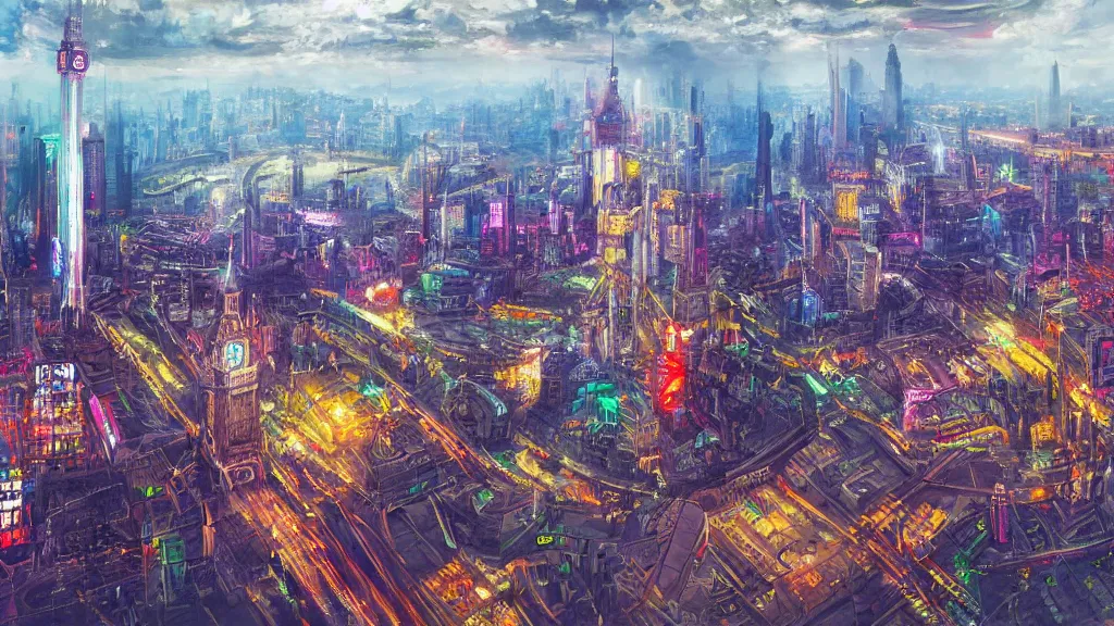 Prompt: a Cyberpunk city, Big Ben, the Westminster, River Thames, flying aircrafts, neon, highly detailed oil painting, epic fantasy art, abstraction, masterpeice, 8k