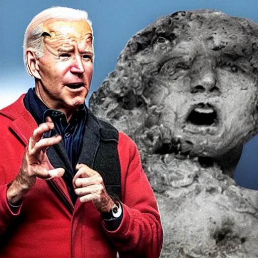 Image similar to joe biden getting really angry at the baby miners for being late to work, pointing at his watch and the babies are covered in coal and jelly, michaelangelo in miami during a snow storm at the airport