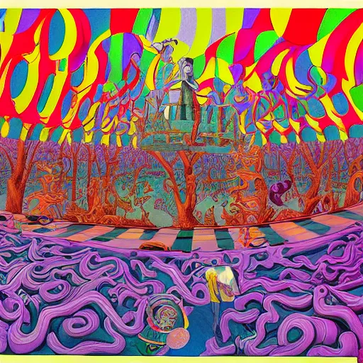 Image similar to a maddeningly colorful, psychedelic strange world of alice in wonderland by mc escher