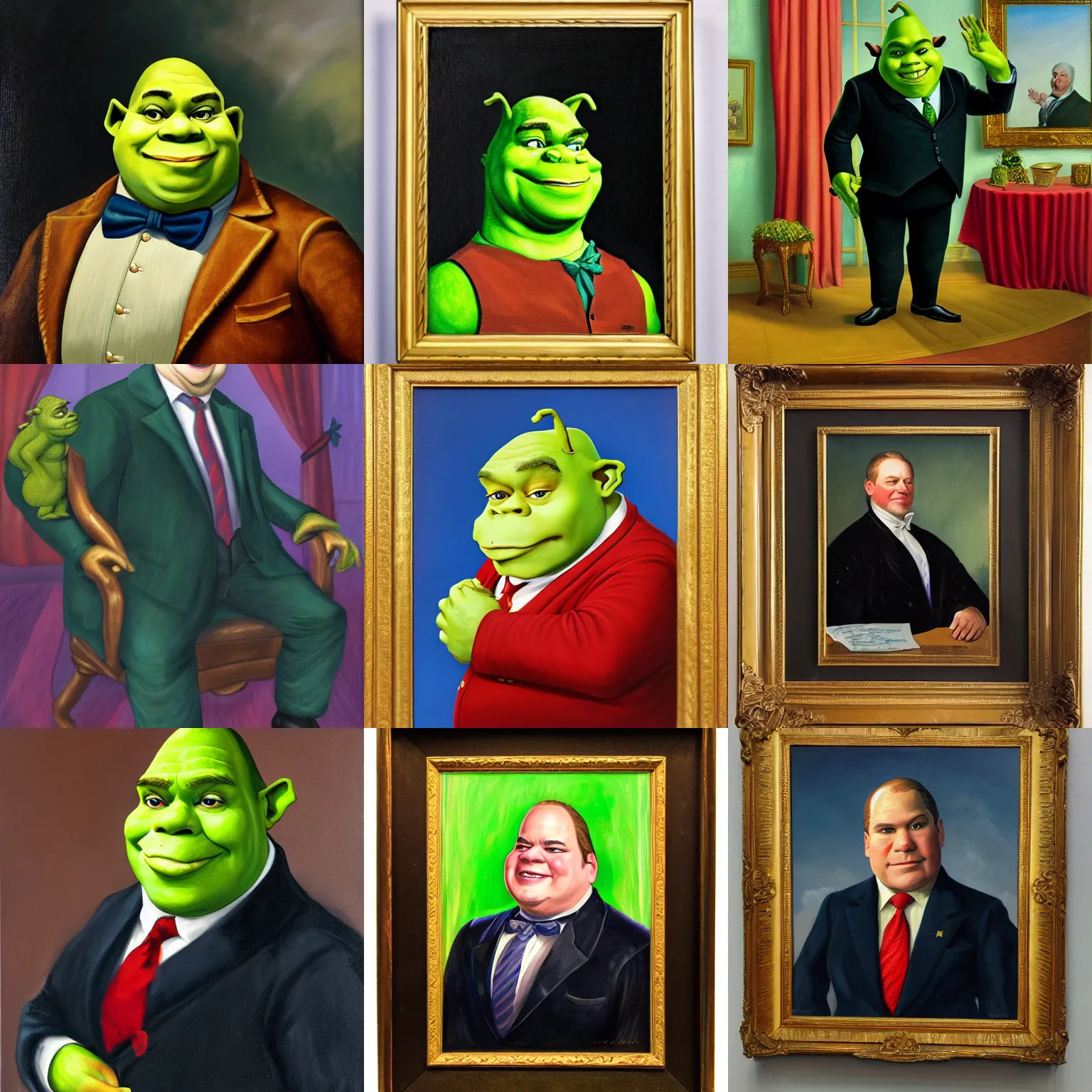 Prompt: the official presidential portrait of president shrek. oil painting