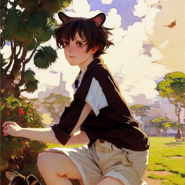 Prompt: a female character inspired by an african wild dog, flannel shirt and shorts, brown white and black short hair, basic background, krenz cushart, mucha, ghibli, by joaquin sorolla rhads leyendecker, by ohara koson