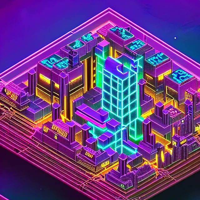 Image similar to voxel art of a cyberpunk blockchain city, chains connecting separate blocks, blockchain, symmetry, intricate, volumetric lighting, beautiful, rich deep colors masterpiece, sharp focus, ultra detailed, in the style of dan mumford and marc simonetti