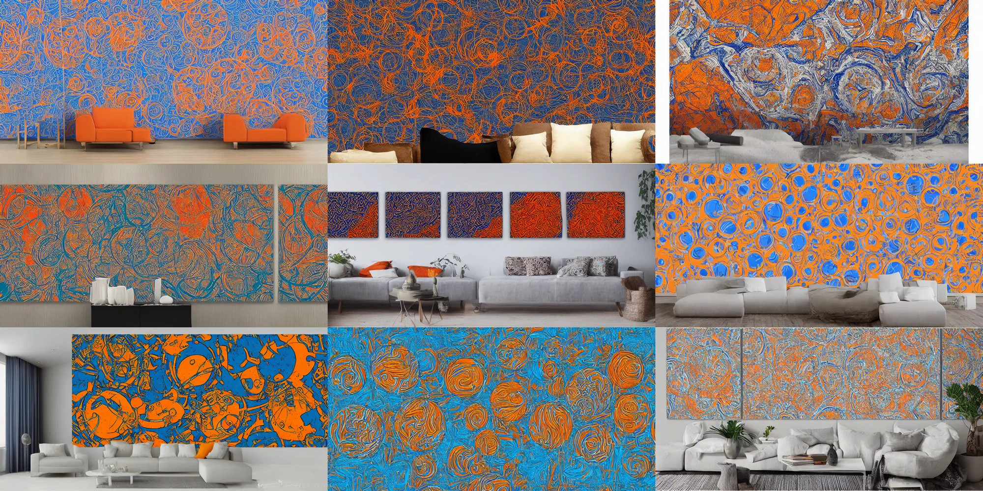 Prompt: triptych canvas acrylic aerosol seamless pattern large circles and balls orange to blue gradient handicraft escher style graffity contrast of light and shadow