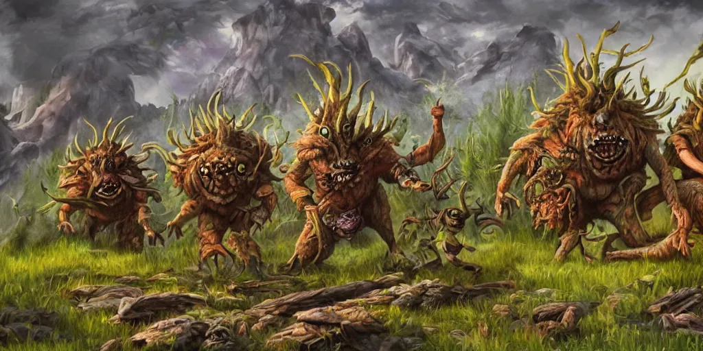 Image similar to wild-rice monsters prowling in the wilderness, style of Magic the Gathering, fantasy art