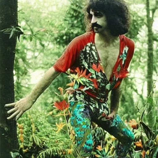 Prompt: young Frank Zappa as a forest druid wearing a floral leotard frolicking in the hooded forest of verdant turmeric roots, masculine, HSV