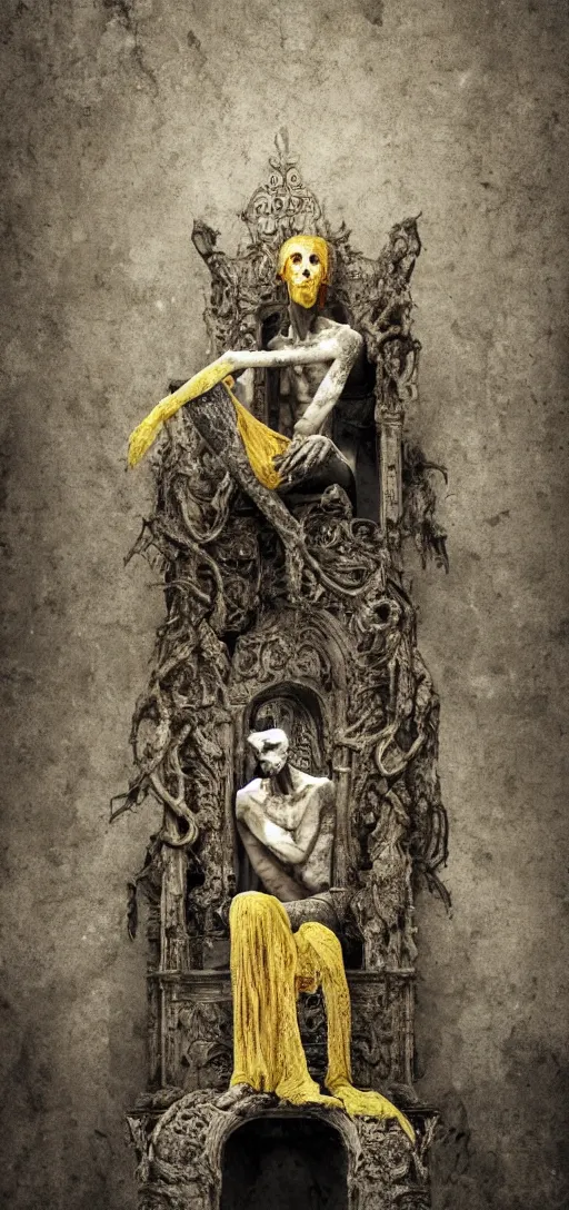 Image similar to a tall pale humanoid being sitting upon an ornate stone throne, 4K, digital art, horror, dramatic, wearing a long yellow rotting garment, dark, hyperrealistic, perspective,