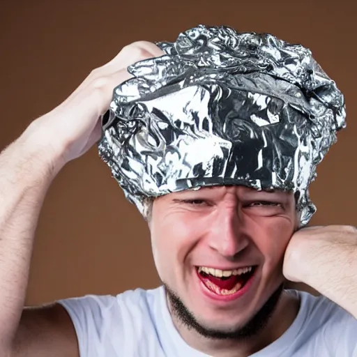 Image similar to crazy man wearing a tinfoil hat