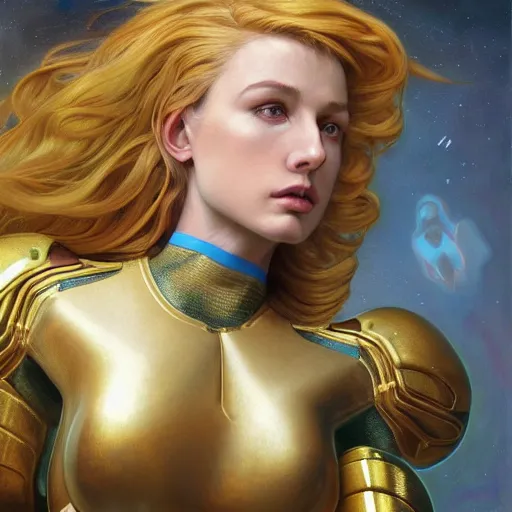 Image similar to Portrait of Samus Aran with golden armor drawn by Donato Giancola and Tom Bagshaw, face by Artgerm, overall design by Alphonse Mucha, background by James Jean and Gustav Klimt, light by Julie Bell, 4k, porcelain skin, komorebi, french nouveau, trending on artstation, octane render, hyperrealistic