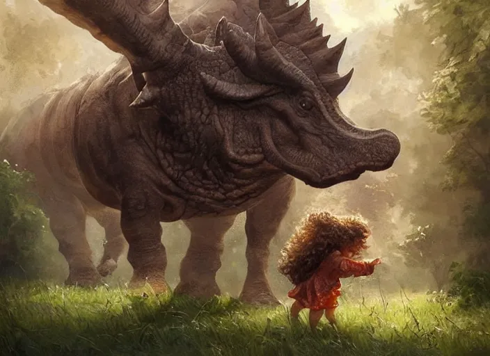 Prompt: a cute little girl with wavy curly brown hair meets a triceratops. beautiful painting by artgerm and greg rutkowski