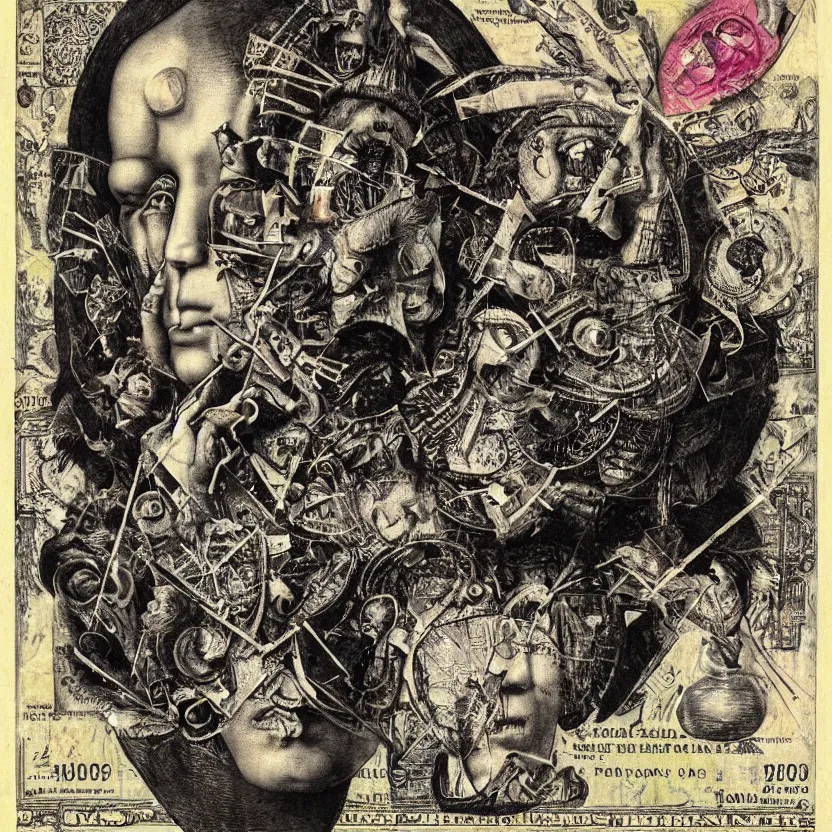 Image similar to post - punk new age album cover, asymmetrical design, dollar bank notes, capitalism, magic, apocalypse, psychedelic, black white pink, magic, giger h. r., giuseppe arcimboldo