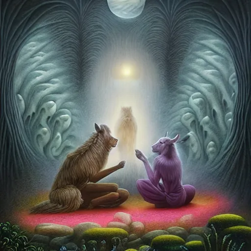 Image similar to an anthromorphic wolf sheppard with 2 sheep meditating in a zen garden with a waterfall under the blood moon, by Adi granov and afarin sajedi and amanda sage and evgeni gordiets and Agostino Arrivabene and adonna khare in a psychedelic portrait style, ultrarealistic matte painting, volumetric lighting, fractal, extremely symmetrical, highly detailed face, orisha, 8k, hd