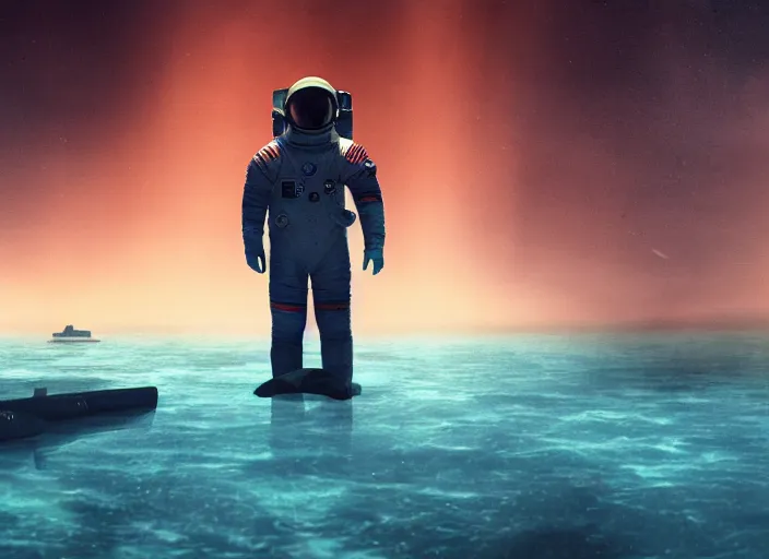 Image similar to astronaut holding a flag in an underwater desert. a submarine is visible in the distance. dark, concept art, cinematic, dramatic, atmospheric, 8 k, trending on artstation, blue, fish, low visibility, light rays, extremely coherent, bubbles, fog, ocean floor, christopher nolan, interstellar