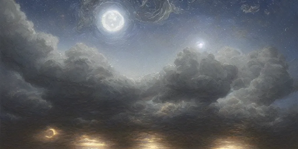 Image similar to the cloudy moonlit sky, landscape art by donato giancola and greg rutkowski, digital art, trending on artstation, symmetry!!, volumetric lighting, starry sky