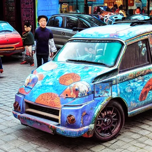 Image similar to A High quality award winning photo of a car with the bodywork painted with a ancient chine art style of the beatles, ancient china art style, car paint, ancient china style of the beatles, car paint