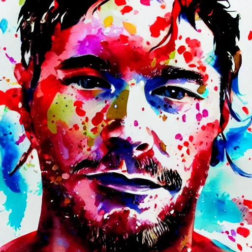 Prompt: Splatter watercolor portrait of Ryan O'Connell