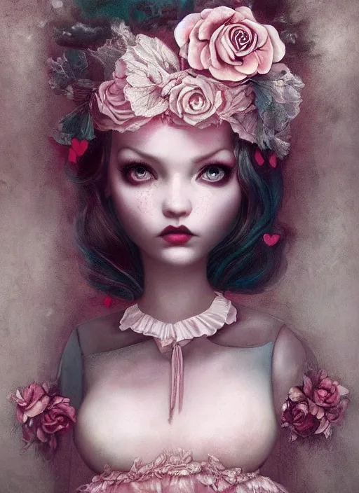Image similar to pop surrealism, lowbrow art, realistic cute seductive alice girl painting, romantic gown, hyper realism, muted colours, rococo, natalie shau, loreta lux, tom bagshaw, mark ryden, trevor brown style,