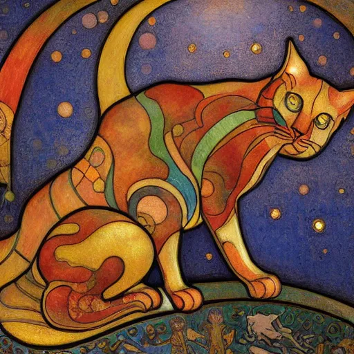 Prompt: masterpiece mechanical cloisonne cat sculpture, by annie swynnerton and diego rivera and nicholas roerich and jean delville and charlie bowater, spacecat, symbolist, dramatic lighting, god rays, art brut, rich colors, smooth sharp focus, extremely detailed, adolf wolfli and ( donato giancola and bilibin )