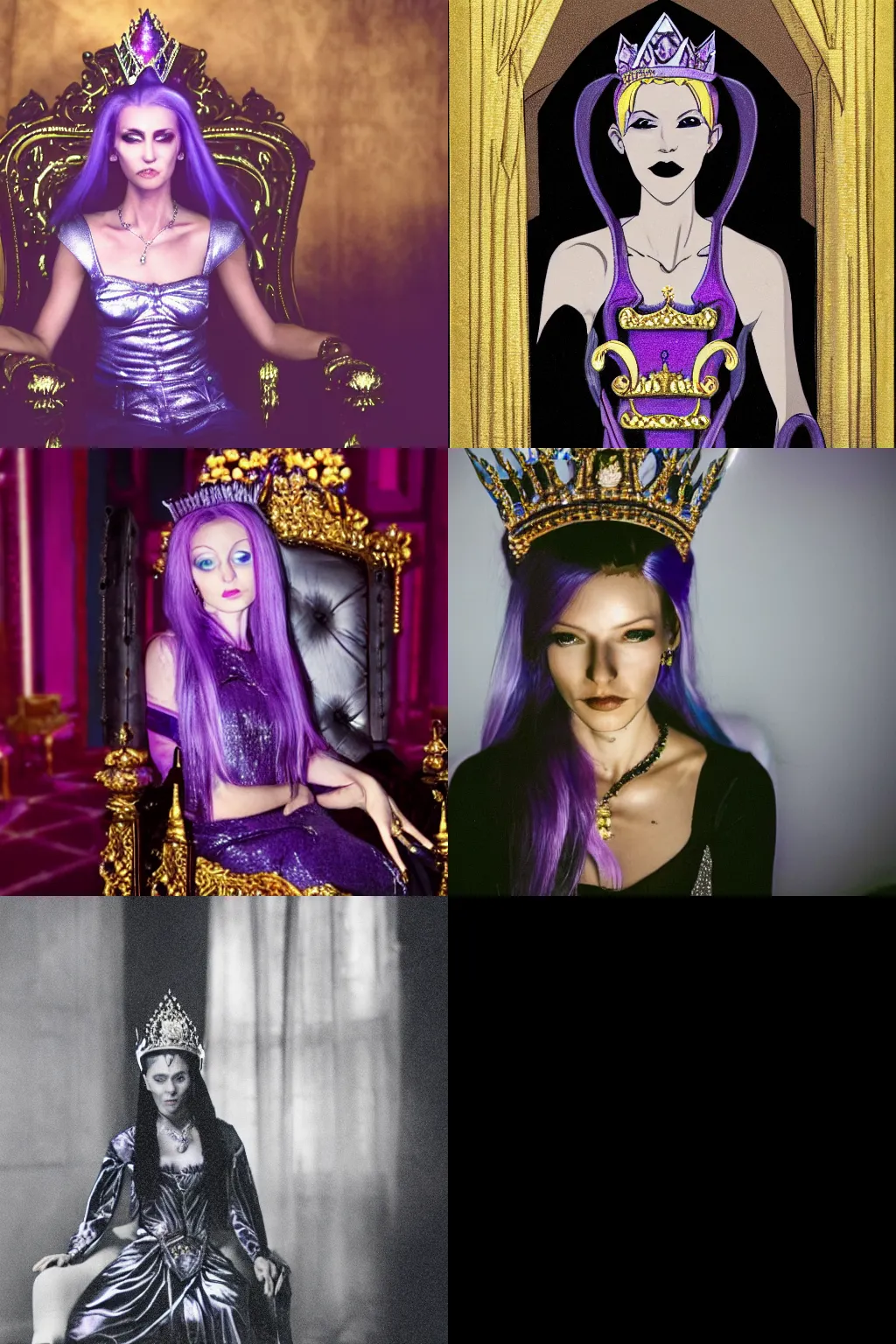 Prompt: A photo of a skinny evil princess woman with light-purple hair wearing a diamond crown, sitting in a throne in a dark room. Low light