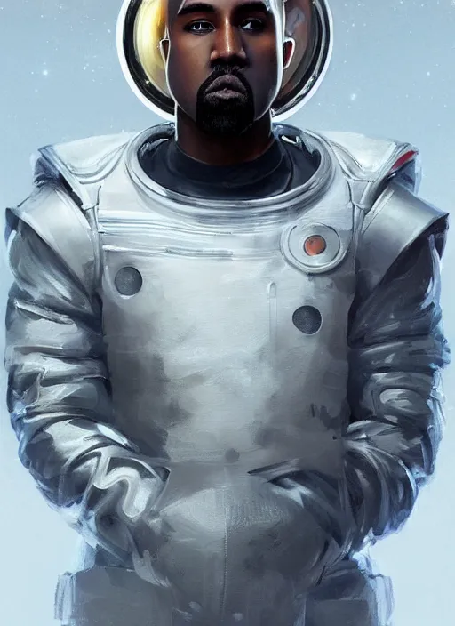 Image similar to painted full body portrait of kanye west as a magicpunk futuristic medieval astronaut by greg rutkowski, he is about 3 0 years old, short blond hair, athletic and strong, straight jaw, wearing futuristic space gear, highly detailed portrait, digital painting, artstation, concept art, smooth, sharp foccus ilustration, artstation hq.