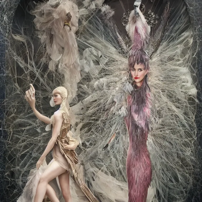 Image similar to 3d character render of anna taylor-joy in the bergdorf goodman windows, veiled, avian-inspired,by tom bagshaw and Inge Prader and Billelis and aaron horkey and peter gric,trending on pinterest,GUCCI,DIOR,highly detailed,maximalist,glittering,feminine