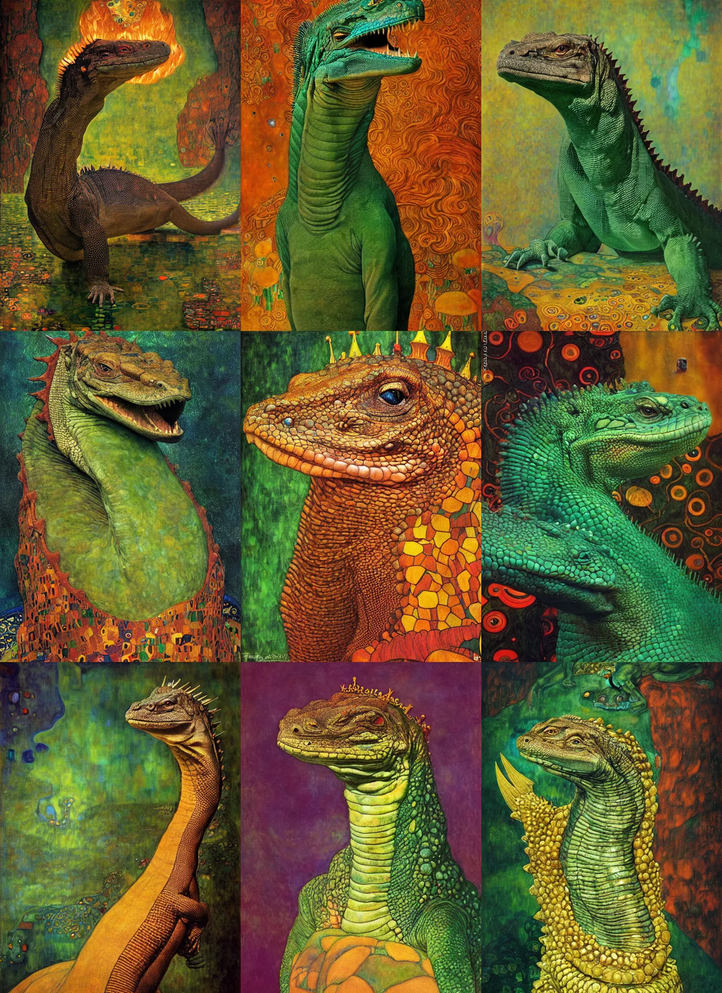 Prompt: “A majestic portrait of a komodo dragon wearing a crown, with flaming magma in the background, gustav klimt, titian, Tom Bagshaw, Sam Spratt, maxfield parrish, high detail, 8k, underwater light rays, intricate, royalty, vibrant iridescent colors,art nouveau,green pink and forest green”