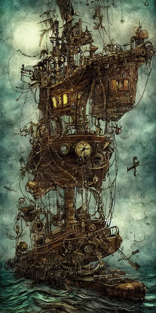 Image similar to a detailed digital painting of a steampunk pirate ship by alexander jansson