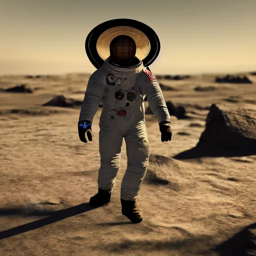 Image similar to apollo 8 earthrise astronaut wearing a cowboy hat, octane render, blender render, unreal engine, 3 5 mm